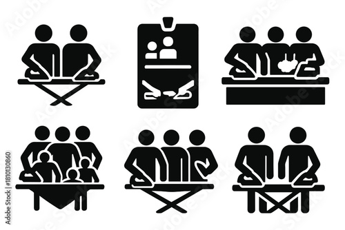 Team Ironing Icons. Solid style icons of team ironing events: duo ironing icon, relay press badge, group steam challenge panel.