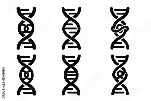 DNA Entanglement Icons. Solid style icons of DNA entanglement: double helix with entangled loops, twisted DNA strands,