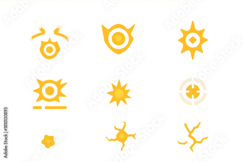 Power Core Icons. Solid style icons of power core hits: glowing chest strike icon, exposed energy badge, weak point slab. Core