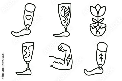 Expressive Prosthetic Designs. Line style icons of emotional storytelling through prosthetics: limb with heart engraving, phoenix