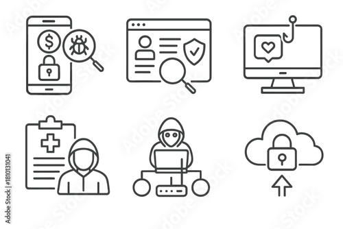 Hacking Scenario Icons. Line style icons of real-world hacking scenarios: banking app security test, e-commerce form audit, social