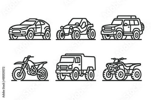 Desert Rally Vehicles Icons. Line style icons of desert rally vehicles: off-road rally car, dune buggy, 4x4 SUV, dirt bike, rally