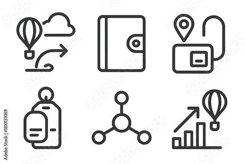 High-Altitude Balloon Icons. Line style icons of High-Altitude Ballooning: balloon drift forecast, sealed journal icon, GPS-linked