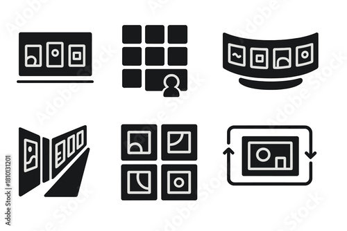 Virtual Gallery Icons. Solid style icons of virtual gallery layouts: dark mode art wall, grid of digital paintings, low-light