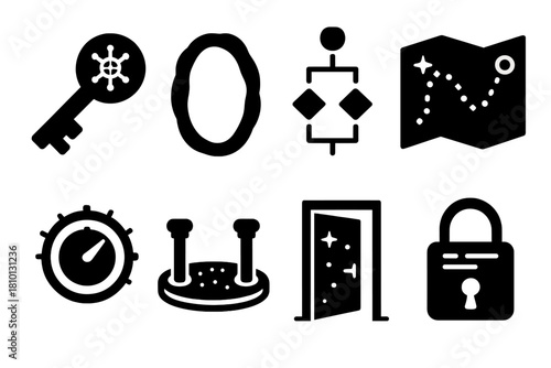 Interdimensional Access Icons. Solid style icons of interdimensional access tools: quantum key icon, portal ring badge, access