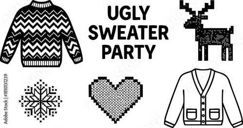 Ugly sweater party design with reindeer heart snowflake and cardigan vector illustration