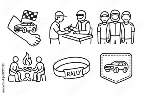 Rally Culture Icons. Line style icons of rally culture and lifestyle: rally tattoo icon, autograph session, team group photo,