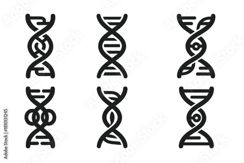 DNA Entanglement Icons. Solid style icons of DNA entanglement: double helix with entangled loops, twisted DNA strands,