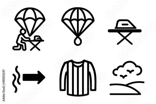 Extreme Ironing Icons. Line style icons of Extreme Ironing: parachute landing ironing, flaring parachute icon, touchdown board,