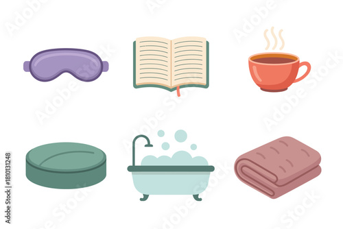 Relaxation routine icons set, eye mask, open book, steaming cup, vintage bathtub, rolled towel, gentle colors, lifestyle vector