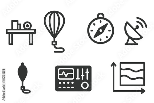High-Altitude Balloon Icons. Line style icons of High-Altitude Ballooning: flight preparation table, tethered balloon, navigation