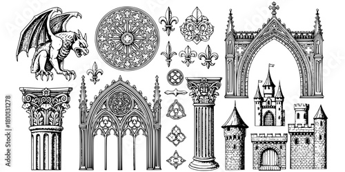 Intricate Gothic Architectural Elements Vector Set: Gargoyle, Rose Window, Arch, Column, Ornament, and Medieval Castle Details. Vintage Engraving Style Design