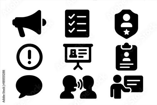Safety Briefing Icons. Solid style icons of pre-ride safety briefings: megaphone glyph, checklist icon, guide badge. Safety tip