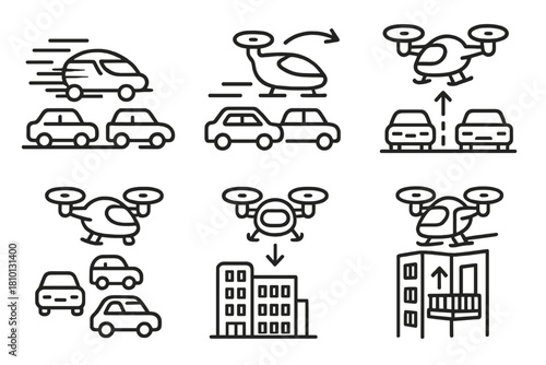 Commuter Icons. Line style icons of commuter scenarios: flying through rush hour, overtaking traffic, air-lane merge, hovering in