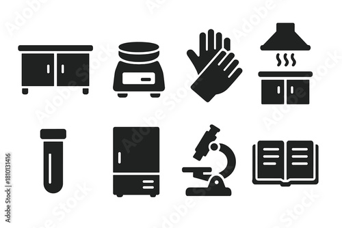 Clean Meat Lab Essentials. Solid style icons of clean meat laboratory: stainless lab table, precision scale, protective gloves.