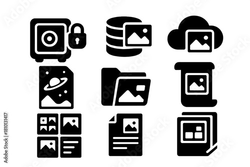 Digital Archive Icons. Solid style icons of photo archive and data sets: digital vault icon, photo stack disk, image cloud archive
