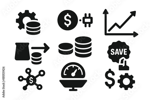 Micro-Manufacturing Efficiency Icons. Solid style icons of cost efficiency in micro-manufacturing: coin stack with gear, value per