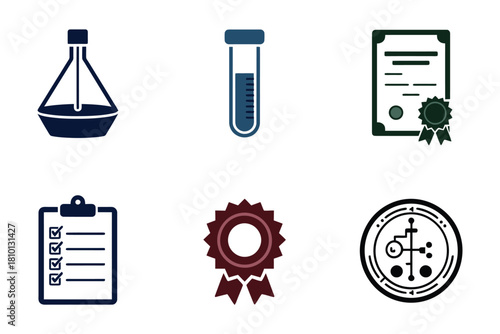 Quality laboratory icons set, conical flask symbol, test tube, certified diploma, checklist clipboard, award medal, calibration gauge vector