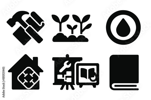 Rebuilding Icons Collection. Solid style icons of post-collapse rebuilding courses: hammer and plan glyph, garden icon, repair