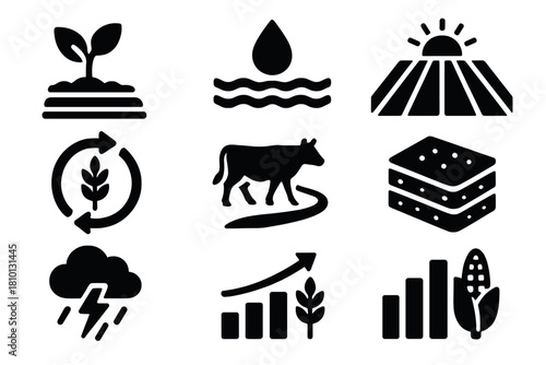 Farming Simulation Icons. Solid style icons of farming and agricultural simulations: crop growth sim icon, irrigation flow badge,