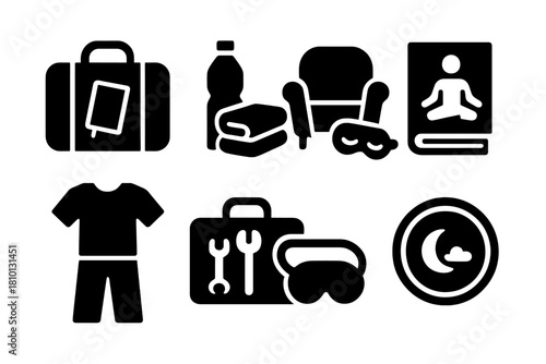 Retreat Essentials Icons. Solid style icons of retreat essentials: travel bag with journal, water bottle + blanket icon,