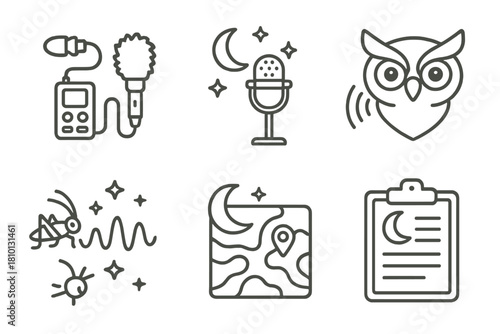 Nocturnal Acoustic Icons. Line style icons of nocturnal acoustic studies: night recording gear, moonlit mic stand, owl call icon,