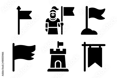 Medieval Flag Icons. Line style icons of Vexillology: medieval flag icon, knight with banner, battlefield flag icon, torn flag