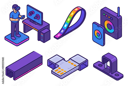 VR Gaming Setup. Isometric vector illustration set VR gaming setup – LED backlighting, RGB strips, diffuser channel; lighting