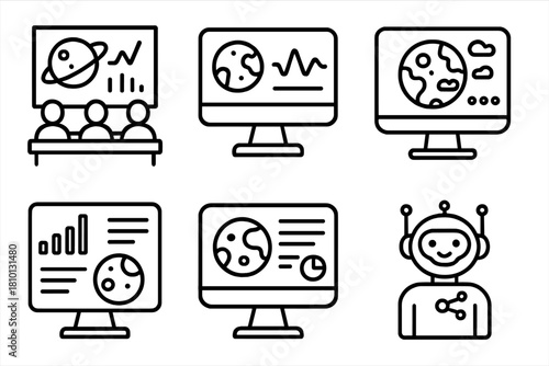 Terraforming Control Icons. Line style icons of terraforming control centers: mission control room, simulation interface screen,