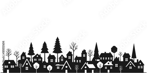 Minimalist Winter Village Houses Silhouette Flat Vector Border
