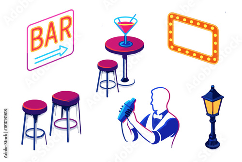 Urban Nightlife Icons. Isometric vector illustration set Urban nightlife – neon bar sign, glowing marquee, sidewalk cocktail table