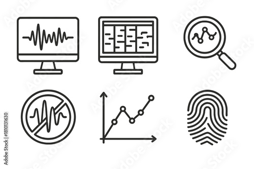 Bioacoustics Data Analysis Icons. Line style icons of data analysis in bioacoustics: audio waveform screen, spectrogram matrix,