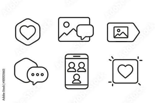 Social NFT Icons. Line style icons of social interaction in photo NFTs: like icon on token, comment bubble on photo, share photo