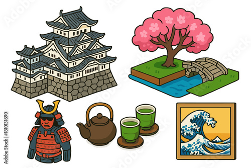 Japanese Iconic Landmarks. Isometric vector illustration set Historical monuments – Himeji Castle keep, white plaster walls, tiled
