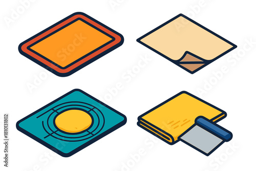 Colorful Baking Tools. Isometric vector illustration set Baking tools – silicone baking mat, parchment sheet, nonstick liner;