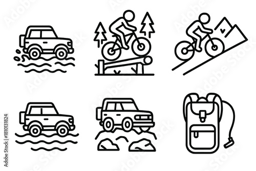 Off-Road Adventure Icons. Line style icons of off-road adventures: muddy trail, forest bike jump, downhill slope, water crossing,