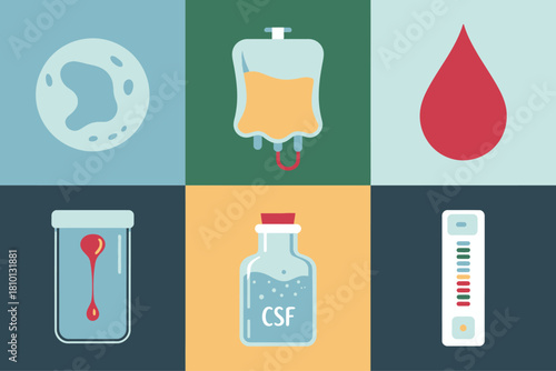 Clinical laboratory grid, blood cell icon, infusion bag, drop symbol, micropipette tool, reagent vial, cerebrospinal bottle, diagnostics vector