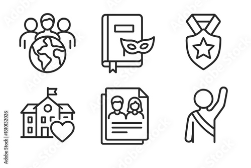 Youth Voluntourism Icons. Line style icons of youth and student voluntourism: student group with globe, cultural immersion logbook