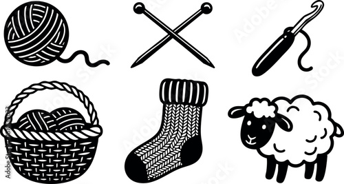 Knitting yarn needles crochet hook sock sheep wool craft hobby tools vector illustration