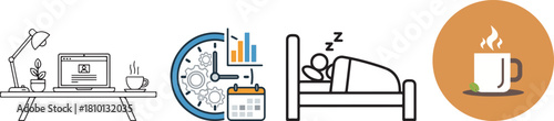 Set of Icons Representing Work, Time Management, Sleep, and Refreshment