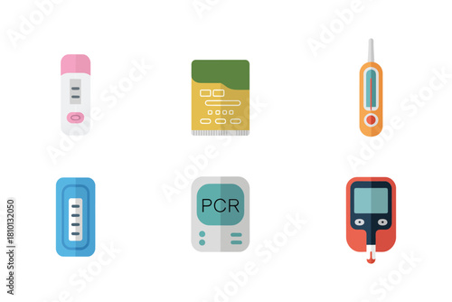 Point of care testing icons, lateral flow cassette, sample reader module, thermometer, pcr device, portable glucometer, clinical vector