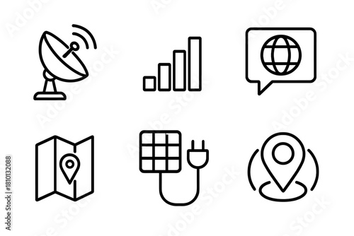 Connectivity Line Icons. Line style icons of communication and connectivity: satellite internet dish, mobile signal bar, message