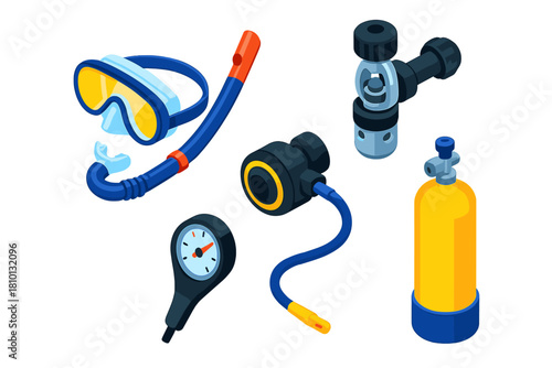 Diving Gear Icons. Isometric vector illustration set Underwater diving gear – dive mask, snorkel tube, clear skirt; second-stage