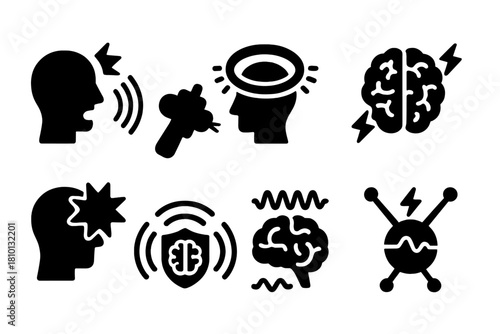Cognition Disruption Icons. Solid style icons of cognitive weapon labs: aggression signal icon, rage-inducing device, mental