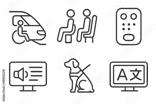 Maglev Accessibility Icons. Line style icons of maglev accessibility: wheelchair boarding ramp, priority seating zone, braille