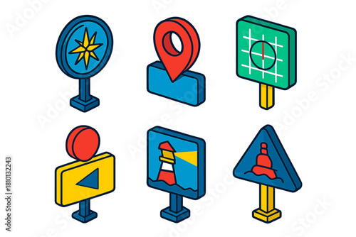 Vibrant Street Sign Icons. Isometric vector illustration set Street signs – compass rose sign, bearing marker, waypoint sign; GPS