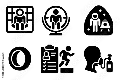 Space Training Icons. Solid style icons of training for space diving: simulator glyph, G-force trainer icon, module badge. Suit-up