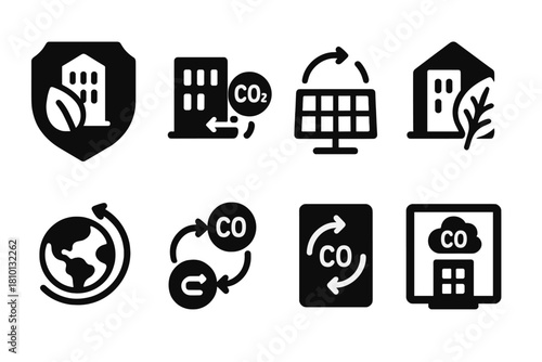 Carbon-Negative Architecture Icons. Solid style icons of carbon-negative buildings: carbon meter badge, CO2 capture wall,