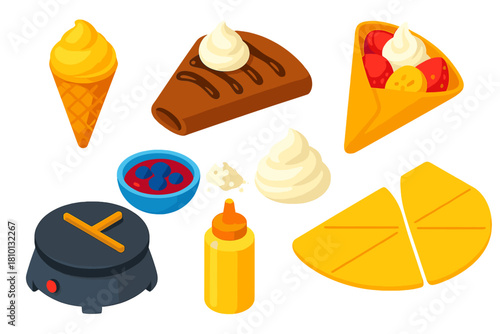 Isometric Dessert Creations. Isometric vector illustration set Ice cream and desserts – crepe roll, chocolate crepe, fruit crepe;