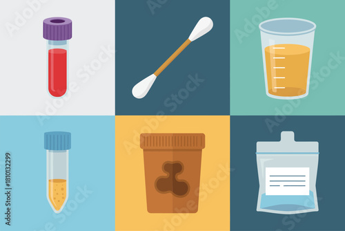 Specimen collection containers, blood tube vial, cotton swab stick, urine cup, stool sample jar, biohazard bag vector